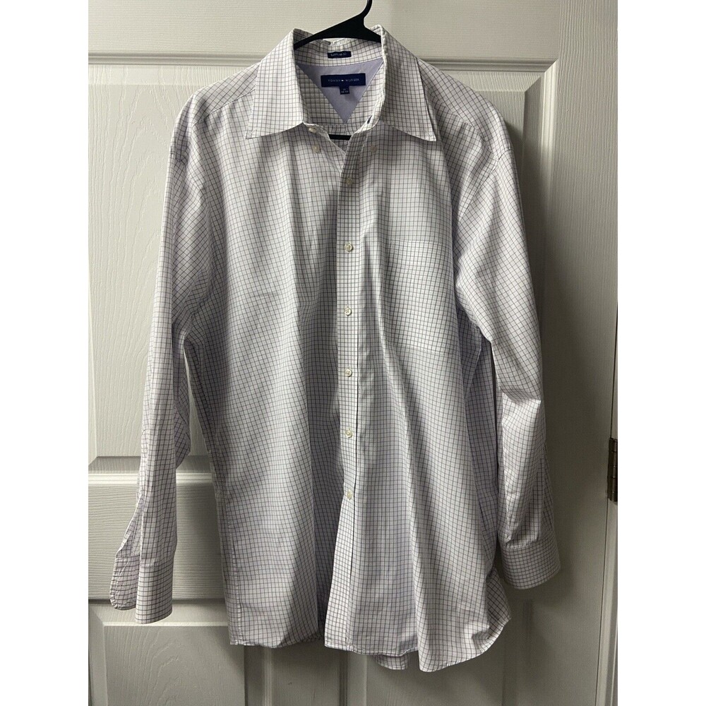 Tommy Hilfiger Regular Fit Shirt Mens 17 32-33 Purple White Check Button Down